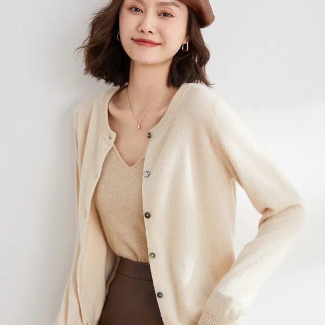 Round Neck Knitted Cardigan Coat For Women Beige - Shop at LoveMi