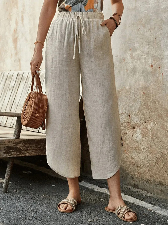Cotton And Linen Drawstring Cropped Loose Pockets Casual Pants - Apricot