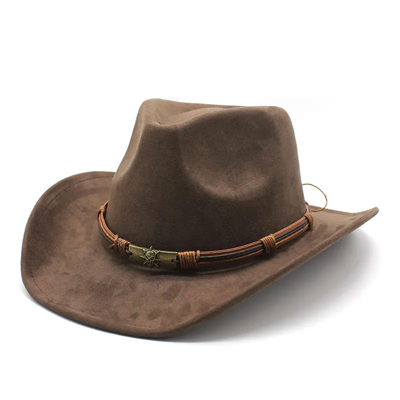 Suede Curling Western Cowboy Hat Ethnic Style Top Hat - Brown Suede