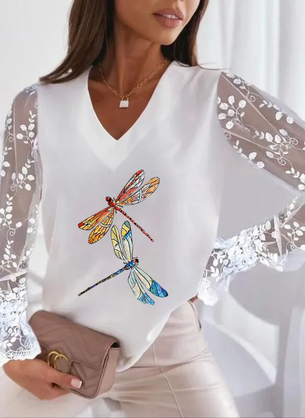 Dragonfly Printed V neck Lace Sleeve Sun Protection Women's T shirt Bottoming Shirt Two Dragonfly White - Shop at LoveMi