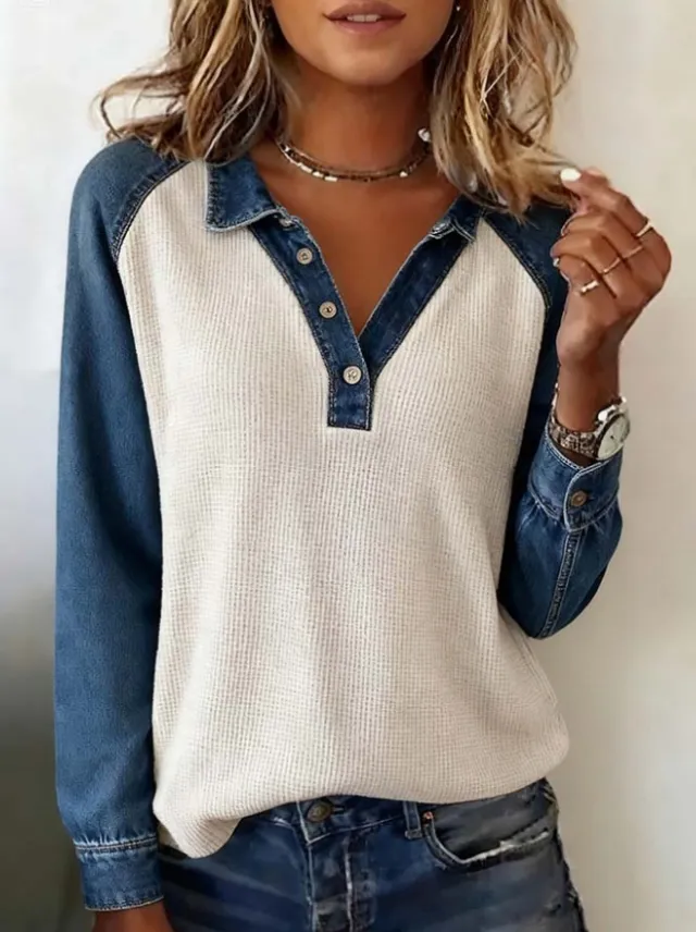 Women's Casual Contrasting Color Waffle Knit Patchwork Long Sleeve Top White - Shop at LoveMi