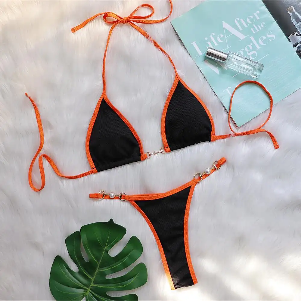 Sexy Bikini Patchwork Metal Accessories Pearl Women's Split Swimsuit Vacation Swimsuit