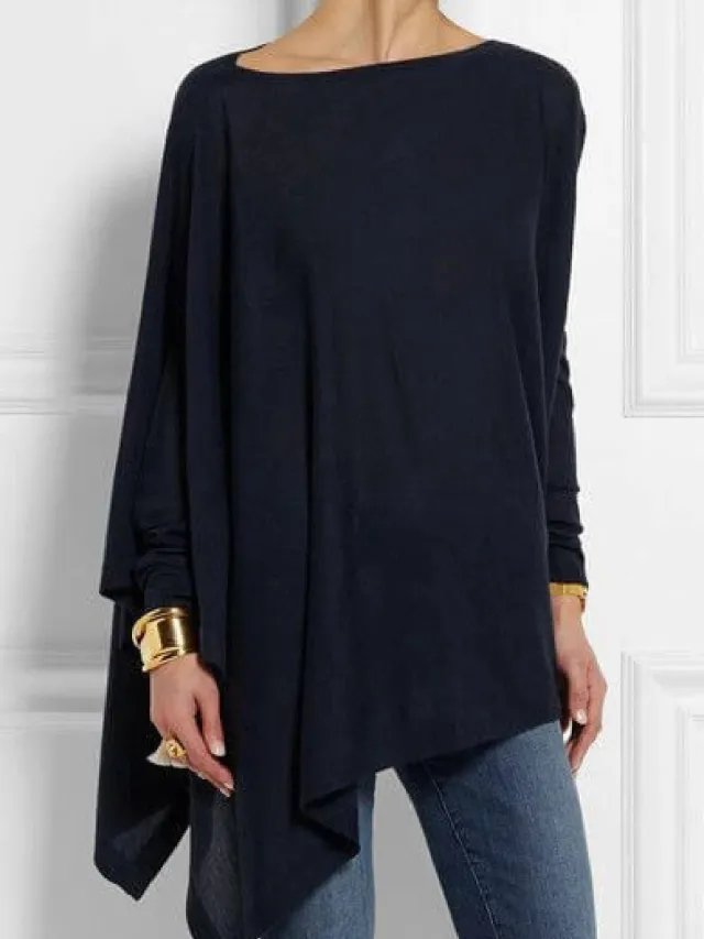 Women's Long Sleeve Irregular Solid Color Pullover T Shirt Tops Blue - Shop at LoveMi
