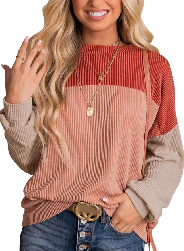 All match Color Matching Long sleeved Top Women's Loose Polyester Sweater Red - Shop at LoveMi
