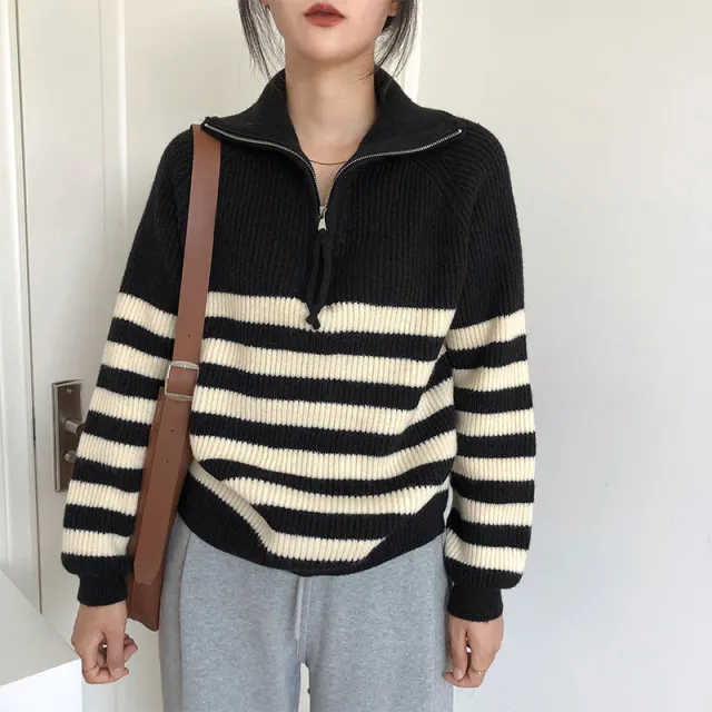 Women's Zipper Striped Sweater Japanese Soft Glutinous Idle Style Black - Shop at LoveMi