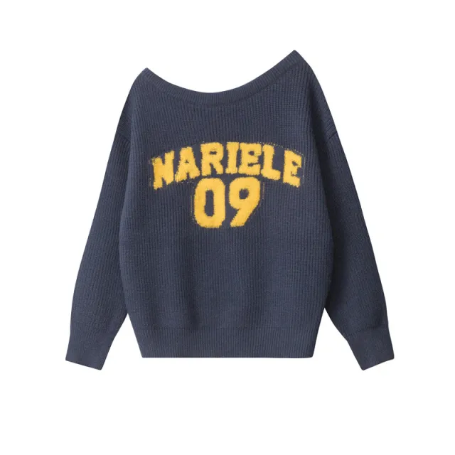 Women's American style Letter Sweater Loose Off the shoulder Pullover Sapphire Blue - Shop at LoveMi