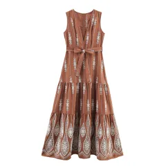 Ethnic Style Floral Print Design Sense Embroidered V-neck Sleeveless Dress - View 1