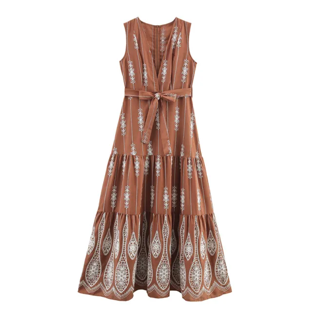 Ethnic Style Floral Print Design Sense Embroidered V neck Sleeveless Dress - Shop at LoveMi