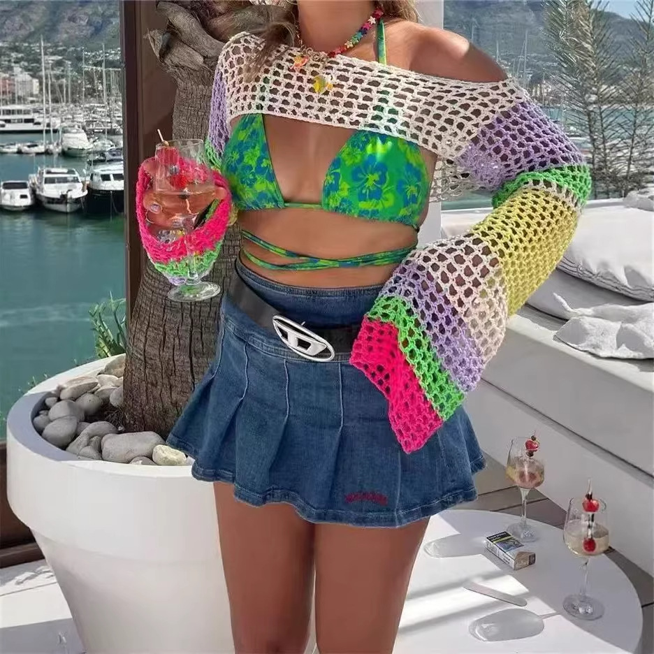 Women's Hand-Knitted Sweater, Casual Ultra-Short Style With Flared Sleeves