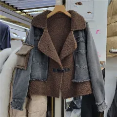 Women's Winter Design Stitching Lamb Wool Denim Coat - Black And Grey - View 1