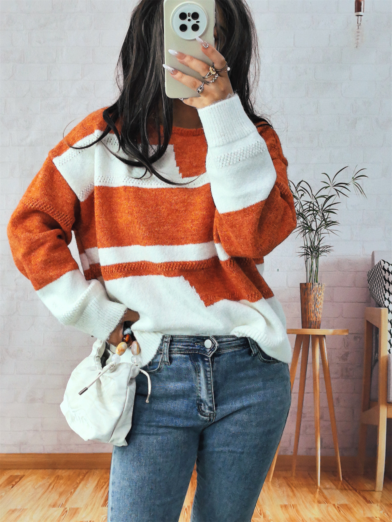 Simple Commute Irregular Contrast Color Round Neck Long Sleeve Sweater