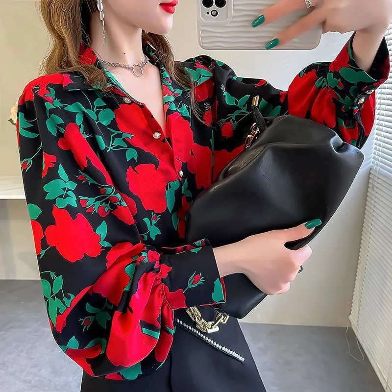 New Loose Lantern Sleeve Chiffon Printed Shirt For Women - Red Rose