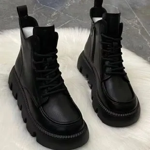 New Soft Leather Retro British Style Leisure Platform Thick-soled Women's Martin Boots - Black