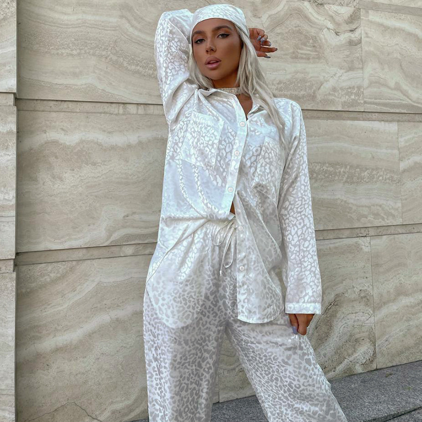 Leopard Print Lace up Loose Long sleeved Trousers Pajamas Two piece Set White - Shop at LoveMi