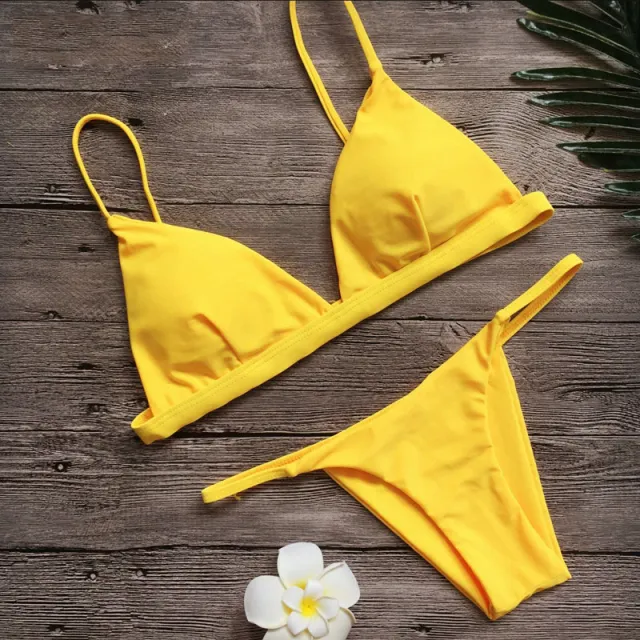 Solid Color Split Gathered V shaped T back Bikini Yellow - Shop at LoveMi