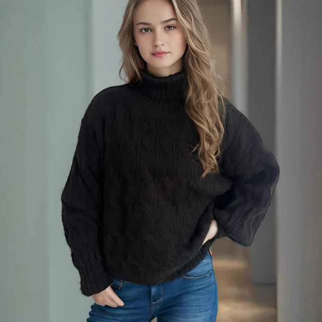 Turtleneck Solid Color Commute Loose Pullover Black - Shop at LoveMi
