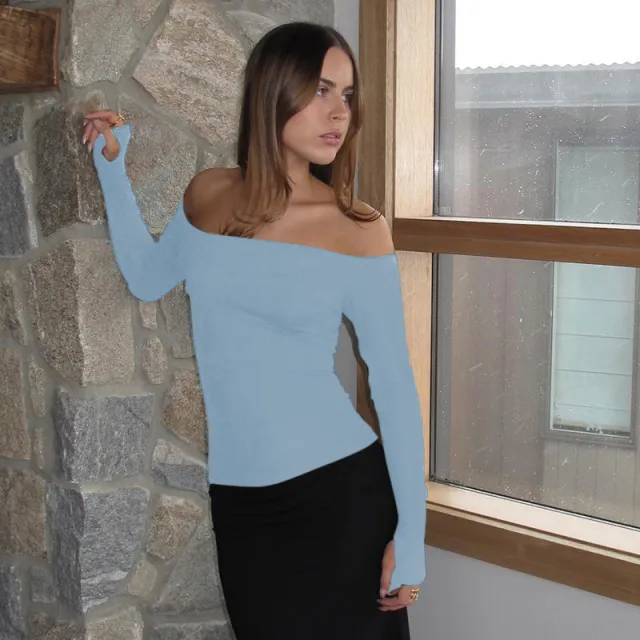 Solid Color Pullover Off the shoulder Long Sleeve Hollow Out Blue - Shop at LoveMi