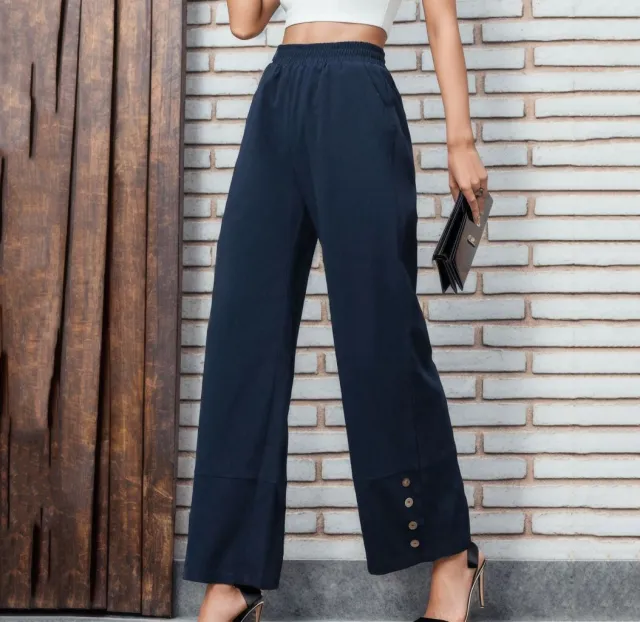 Casual Trousers Loose Straight Women's Casual Trousers Navy Blue - Shop at LoveMi