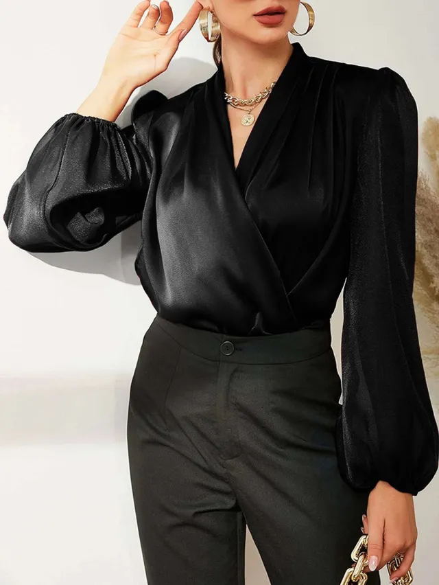 Women's Fashion Pure Color Mesh Long sleeved Stitching Pullover Shirt Black - Shop at LoveMi
