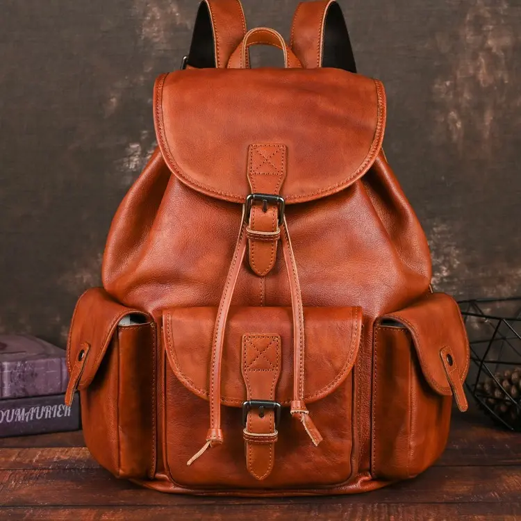 Retro Full-grain Leather Mens Backpack