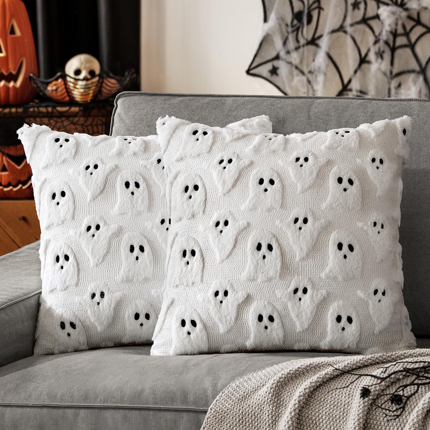 Plush Stereo Ghost Embroidered Black And White Holiday Decorative Cushion — image 1