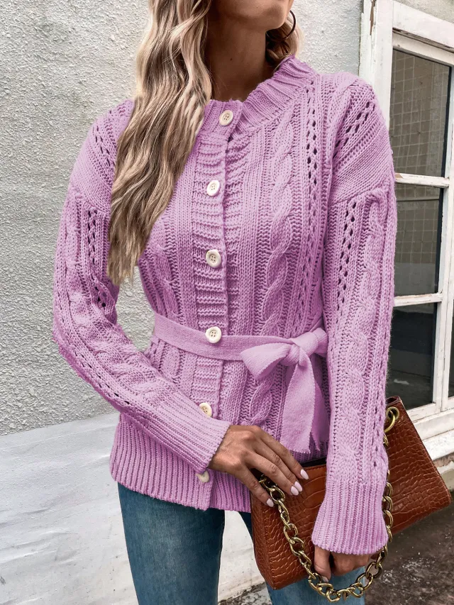 European And American Autumn And Winter Hemp Pattern Breasted Cardigan Sweater Coat Purple - Shop at LoveMi
