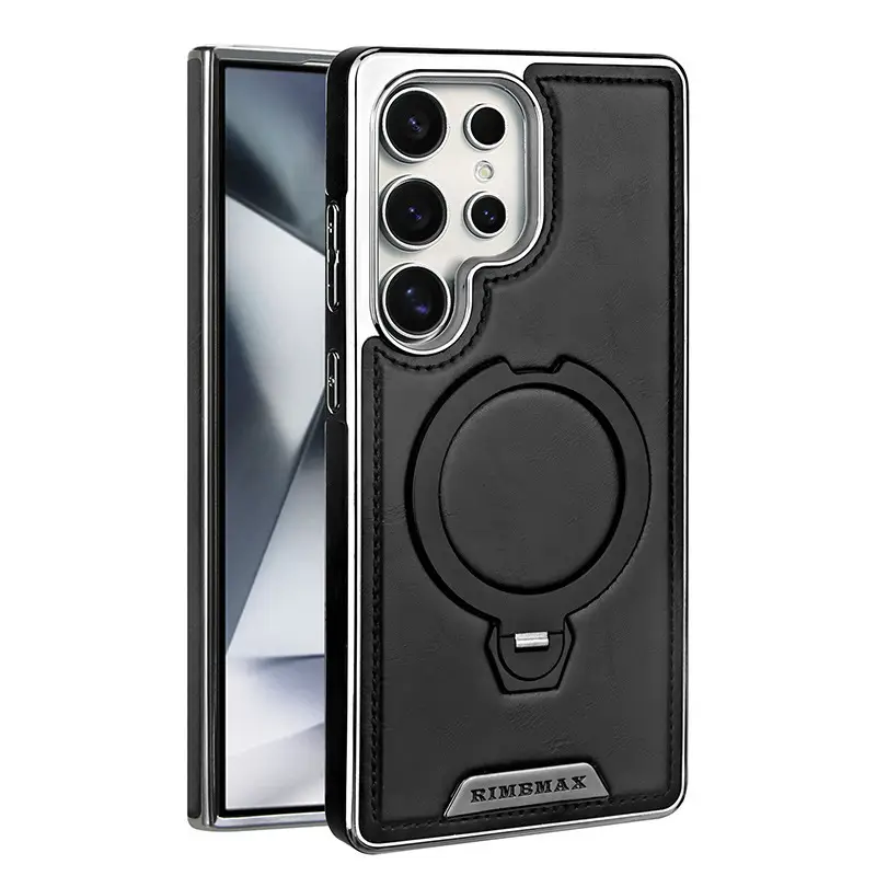 360-Degree Rotating Magnetic Suction Stand Leather-Textured Phone Case