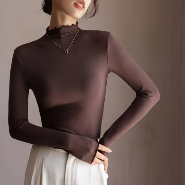 Women's Fashion Semi high Neck Ruffle Base Shirt Coffee - Shop at LoveMi