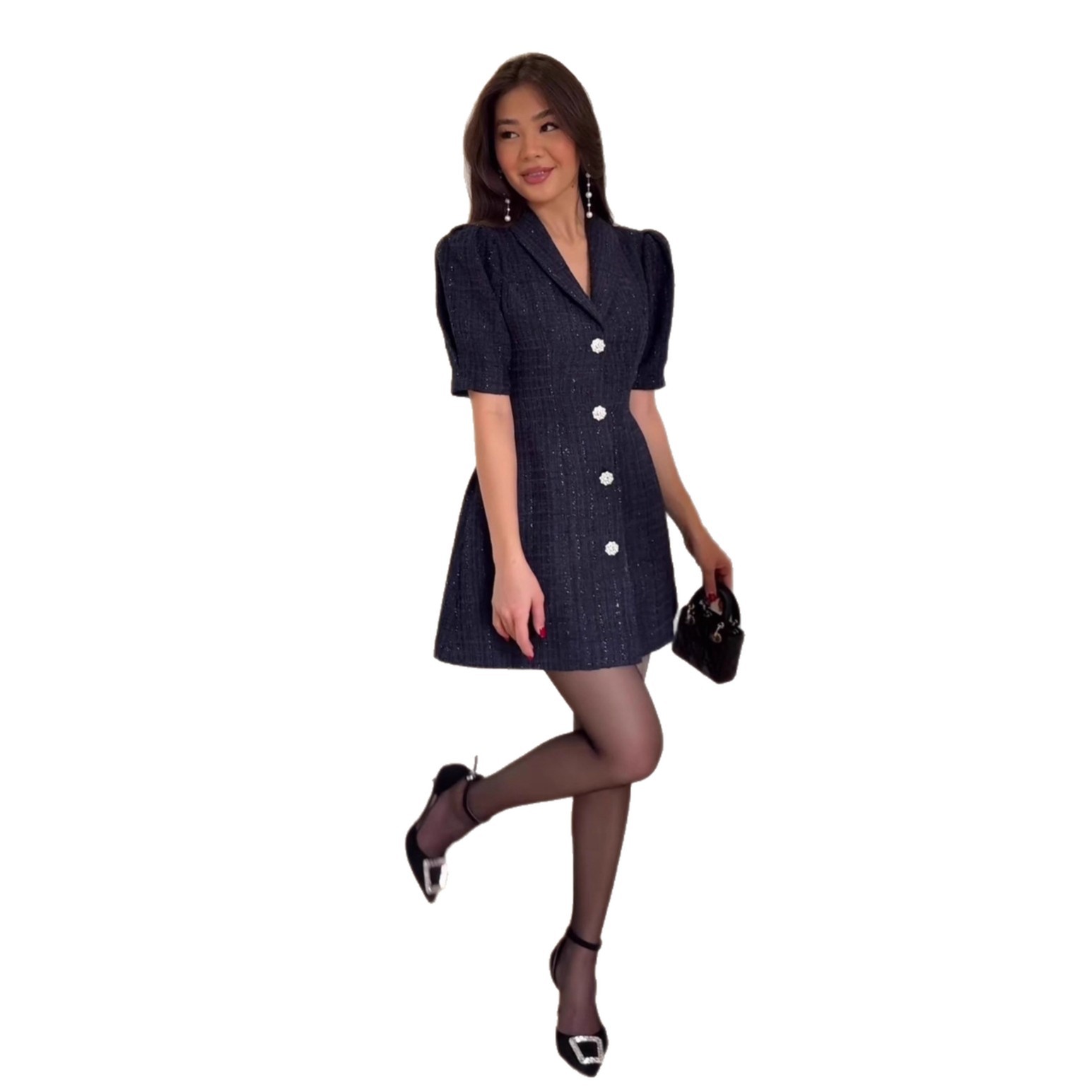Short-sleeve Cardigan Mini Dress With A Suit Collar