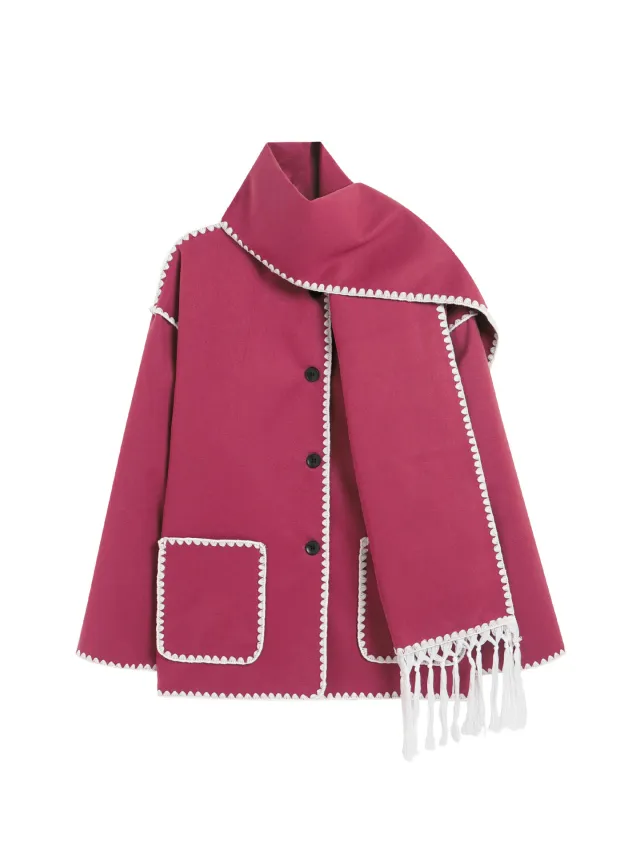 Women's Woolen Coat Thick Loose With Scarf Rose - Shop at LoveMi