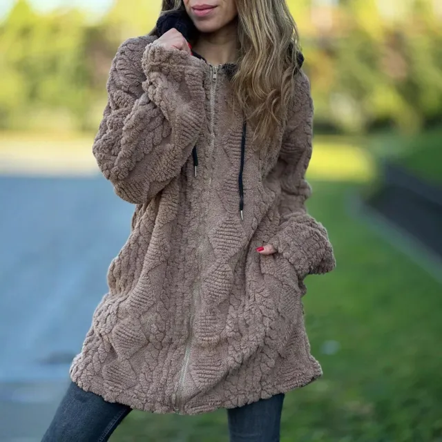 Hooded Solid Color Fur Zip Long Sleeve Coat Women Camel - Shop at LoveMi