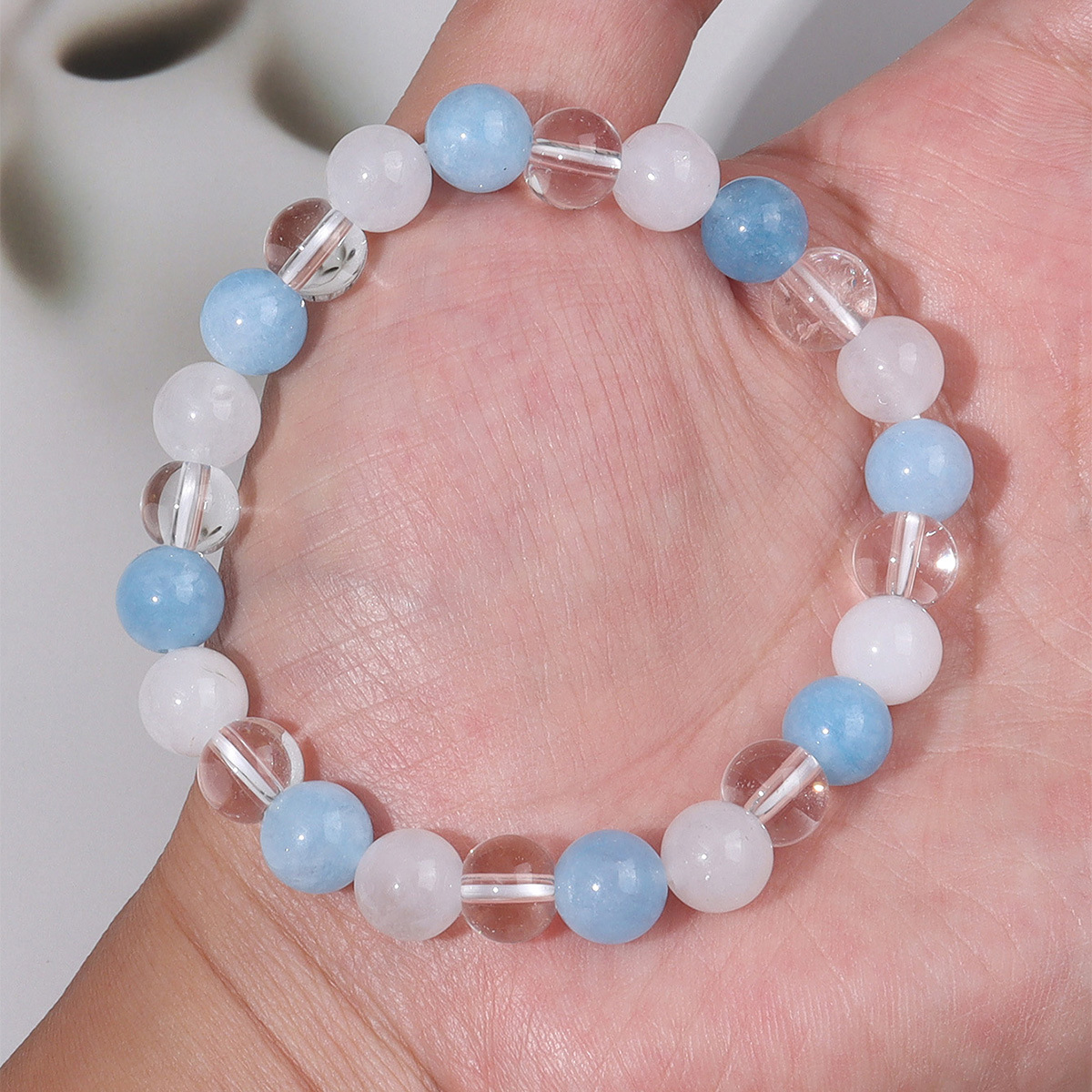 Aquamarine And White Jade Bead Bracelet