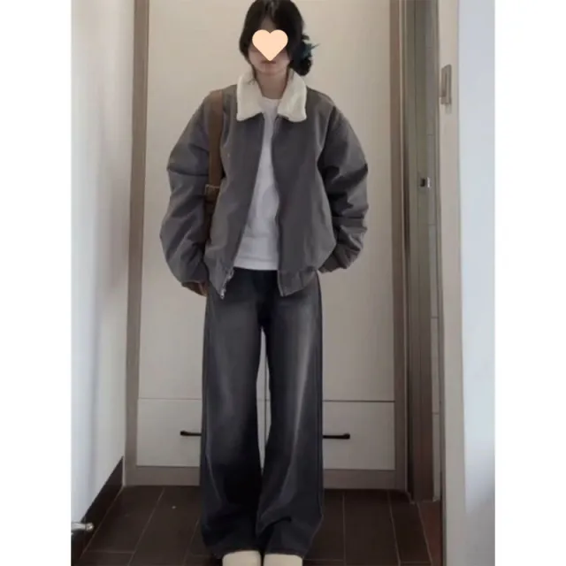 Loose Fashion Brand Thick Warm Jacket Dark Gray Lamb Wool Warm - Shop at LoveMi
