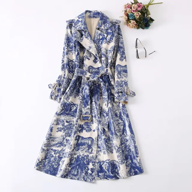 Retro Style Waist controlled Lace up Animal Print Long Sleeve Trench Coat - Shop at LoveMi