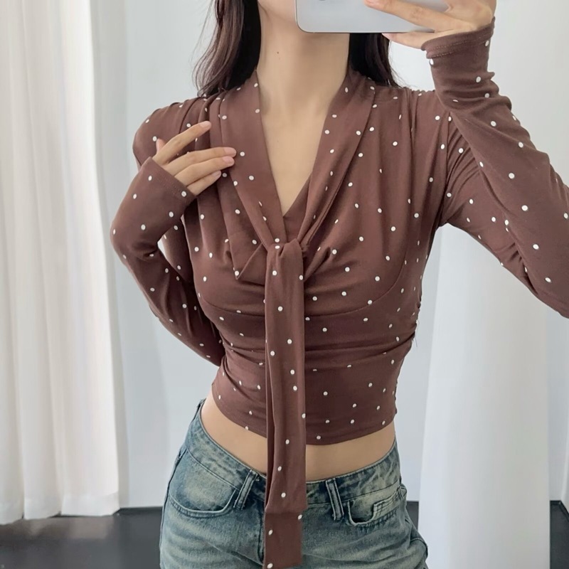 Women's Polka Dot Print Swing Collar Lace-up Long Sleeve