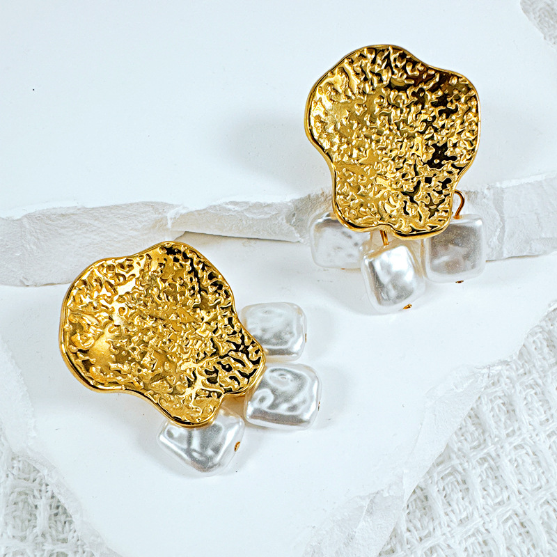 Exaggerated Stainless Steel Square Piece Special-shaped Pearl Tassel Earrings