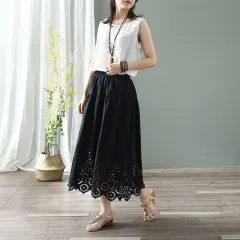 Women's Fashion Retro Art Elastic-waist Hollow Embroidered Skirt - Black - View 1