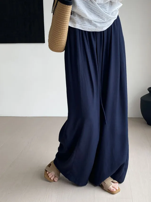 Thin Drawstring Elastic Waist Comfortable Breathable Casual Wide leg Pants For Women Navy Blue - Shop at LoveMi