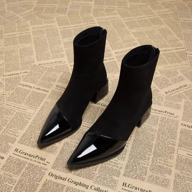 All match One suit Skirt Pointed Toe Chunky Heel Comfortable Skinny Boots Women Black - Shop at LoveMi