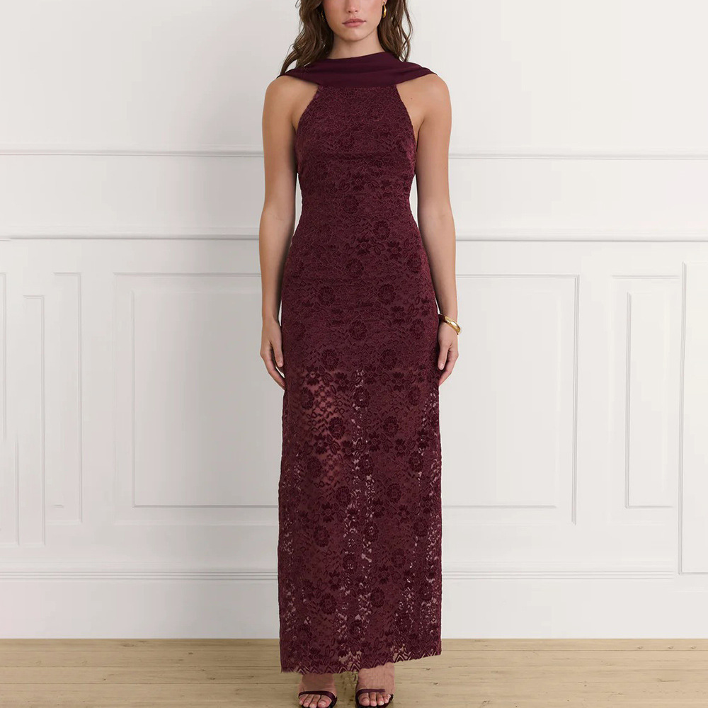 Lace Sleeveless Sexy Backless Waist Trimming Sheath Dress Wine - Shop at LoveMi