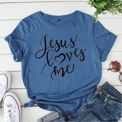 LOVES ME Letter Print T Shirt Women Short Sleeve O Neck Loo - Blue - View 1