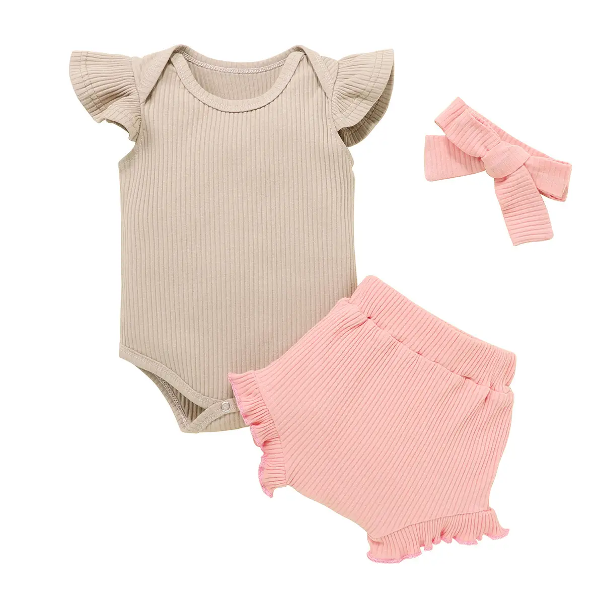 Flounced Sleeve Wooden Ear Hip Shorts Headdress Three-piece Set