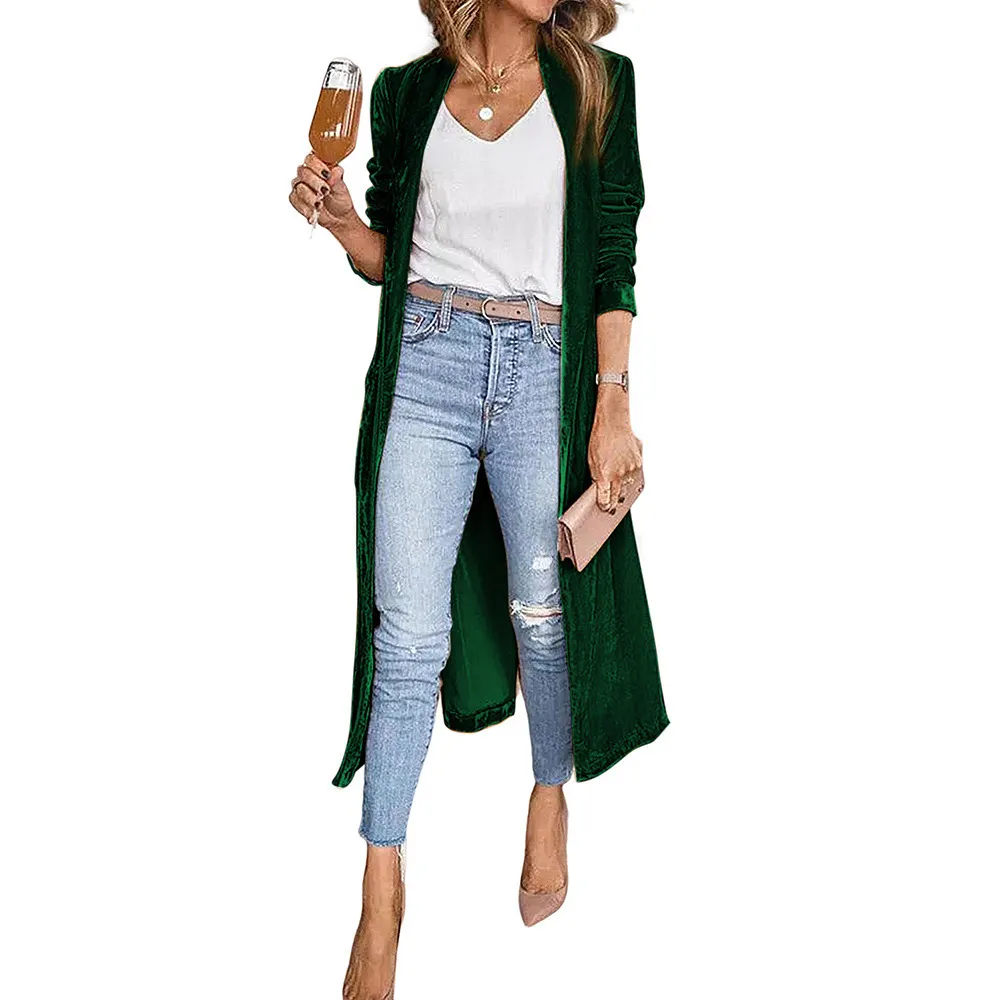 Fashion Women's Wear Solid Colour Long-sleeved Cardigan Autumn Velvet Elegant Long Coat - Green