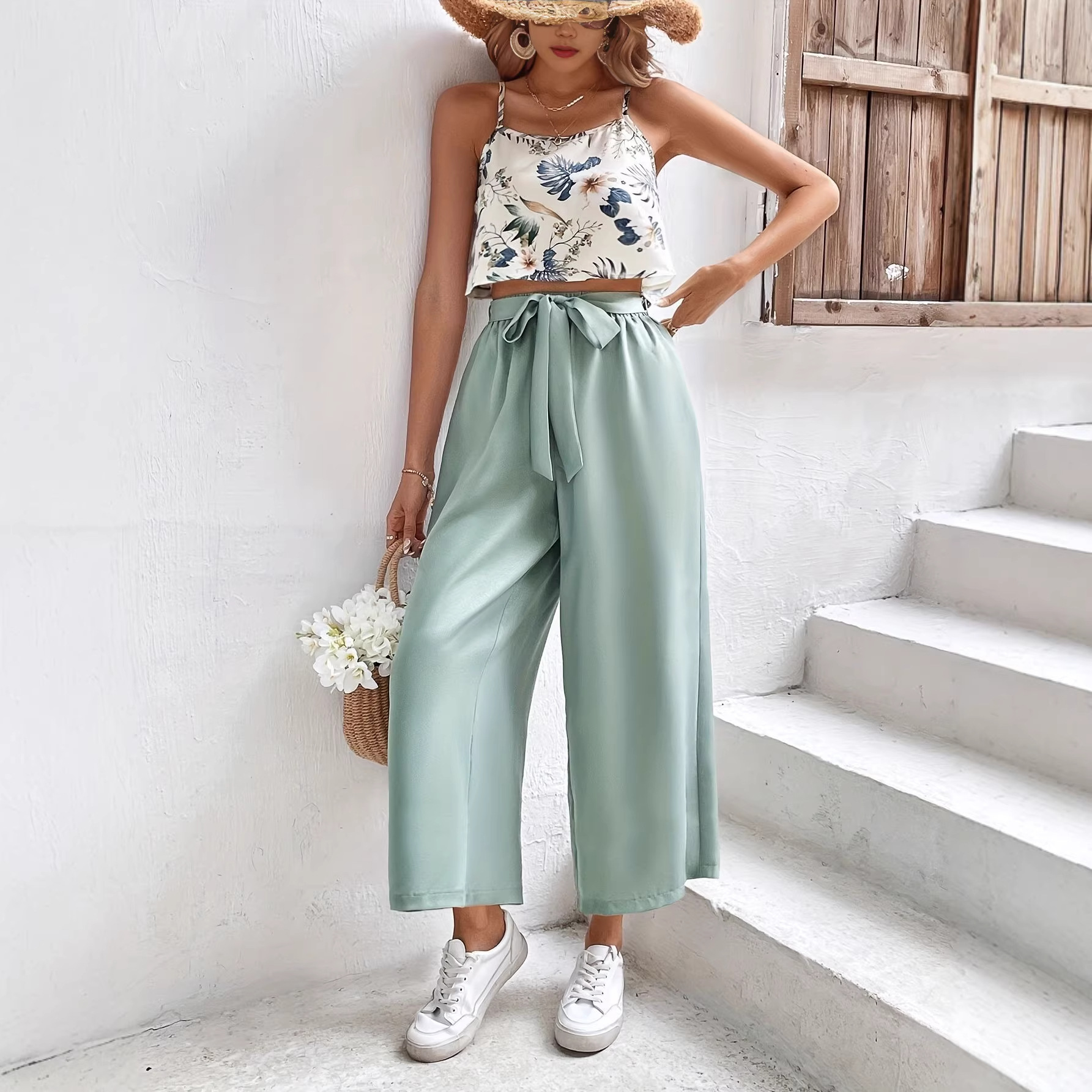 Womens Casual Printed Top And Tie-Front Pants Set