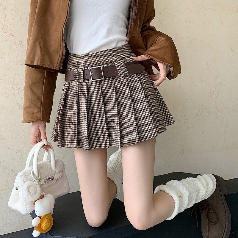 Retro Brown Houndstooth Design Hot Girl A Line Skirt Brown - Shop at LoveMi