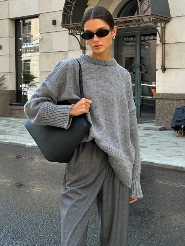 Women's All match Casual Knitted Round Neck Sweater Gray - Shop at LoveMi