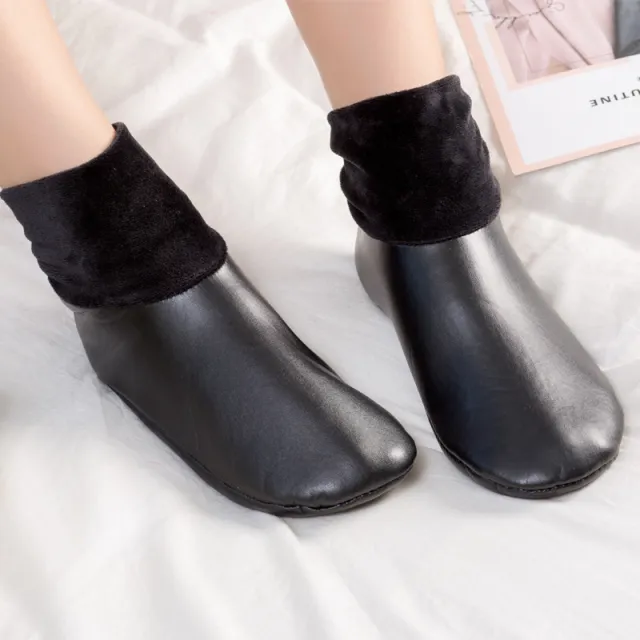 Fleece lined Warm Leather Indoor Home Floor Socks Velvet Mouth Black - Shop at LoveMi