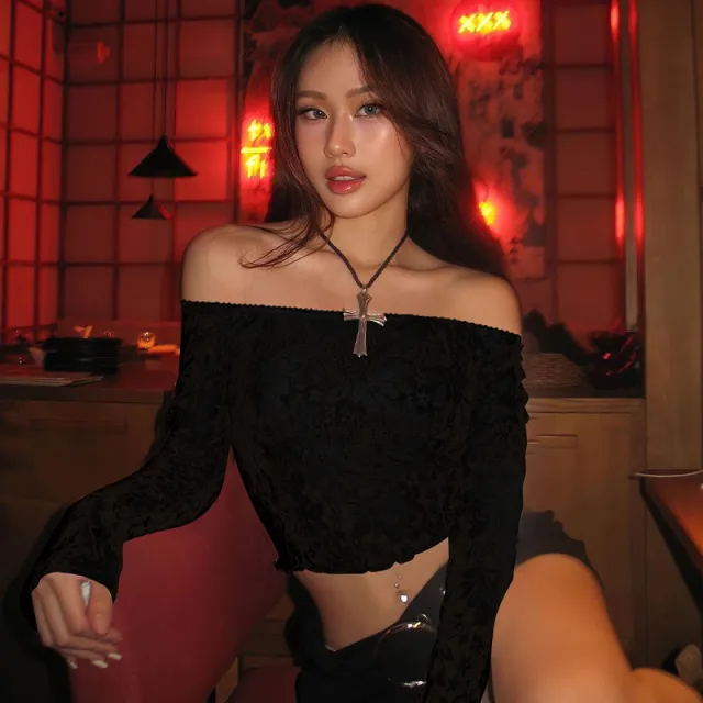See through Lace Chest Wrap Off shoulder Collar Long Sleeve Black - Shop at LoveMi