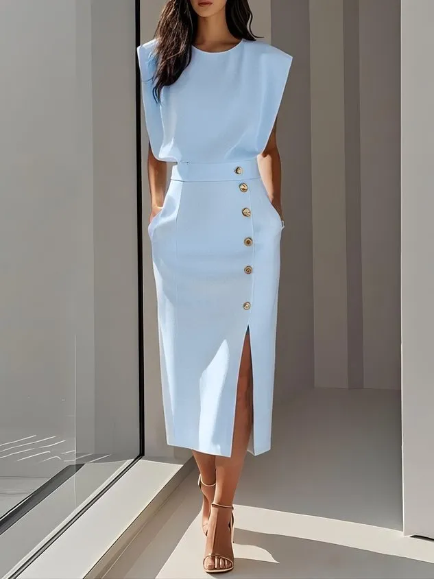 Button Split Solid Color Dress Women Sky Blue - Shop at LoveMi
