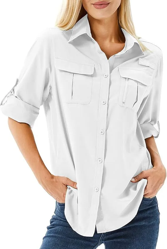 Casual Quick drying Stretch Zipper And Lapel Pocket Women's Shirt White - Shop at LoveMi